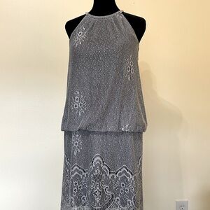 SLNY Elegant Silver Halter Dress with Fringe, Size 10